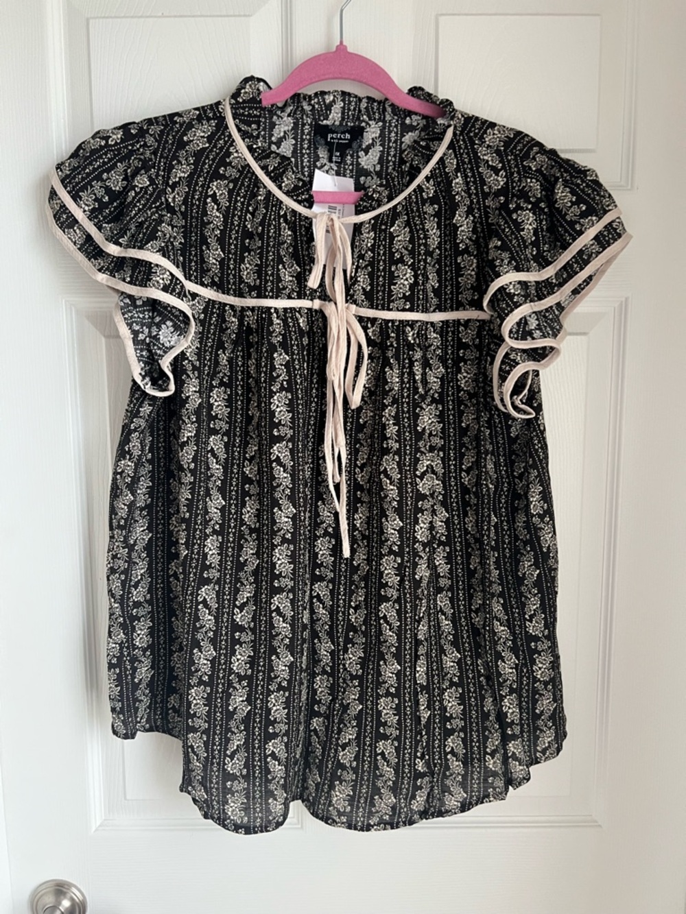 Perch by Blu Pepper Black Floral Tie-Front Tunic with Cream Trim